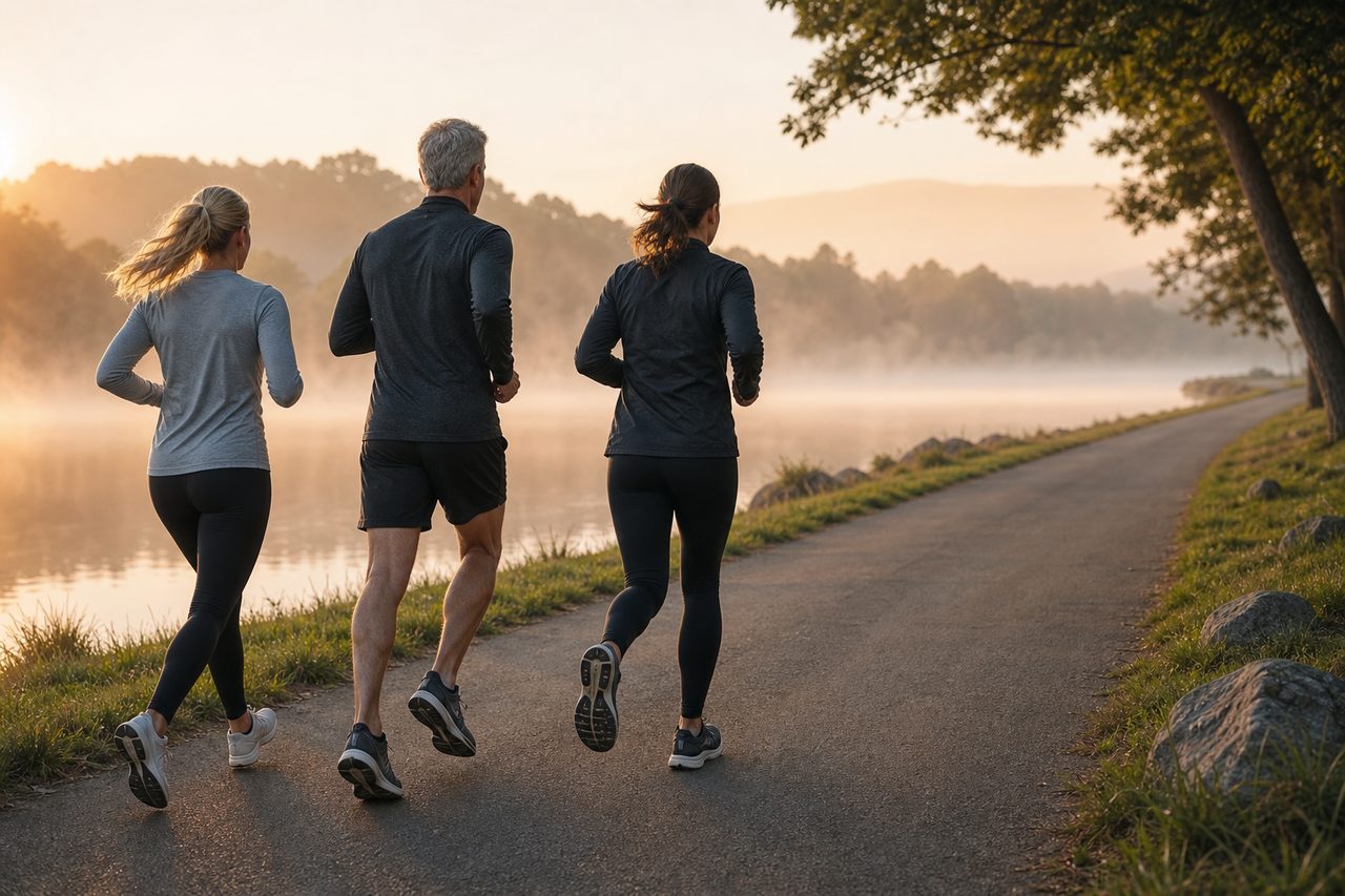 Trois coureurs au bord de l'eau au petit matin